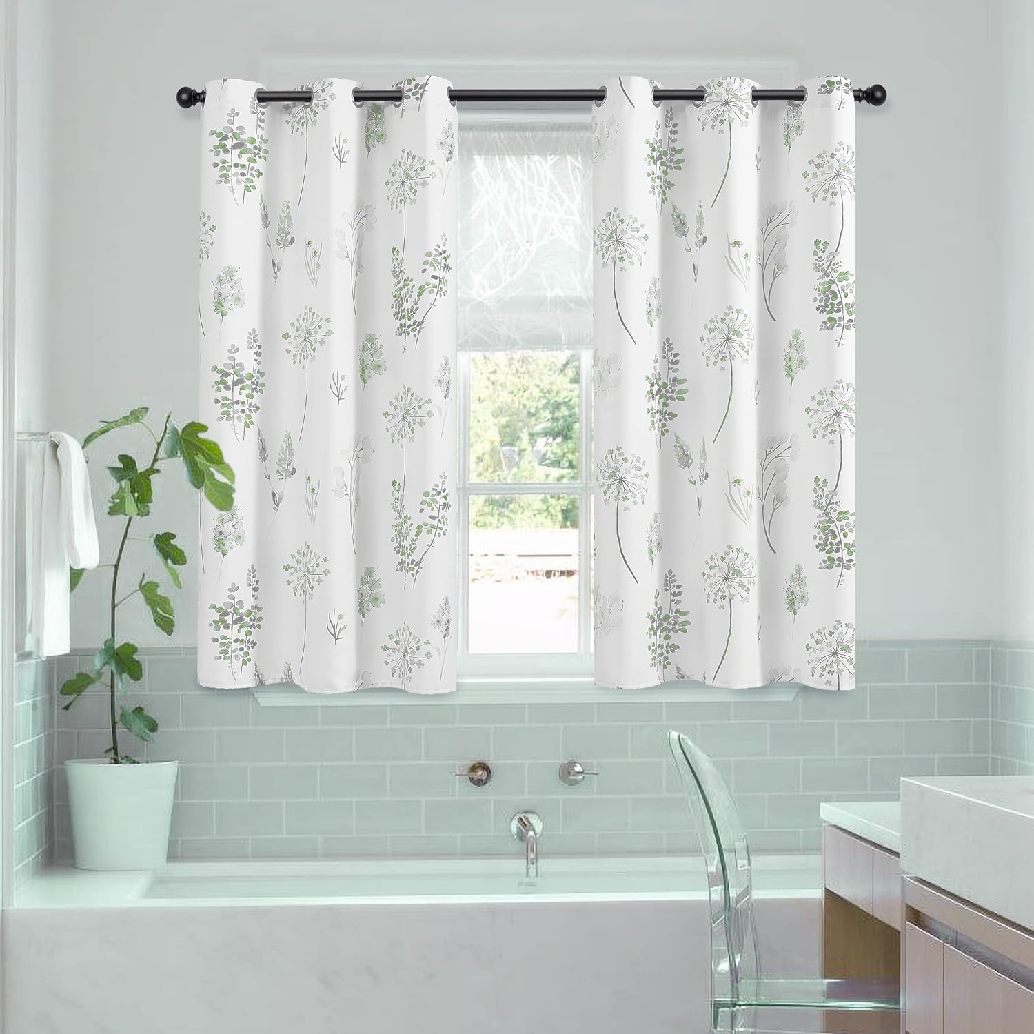 Aldernest Short Bathroom Curtains for Small Window, 1.2 pounds, 34"W x 45"L (Pack of 2), Green & Grey
