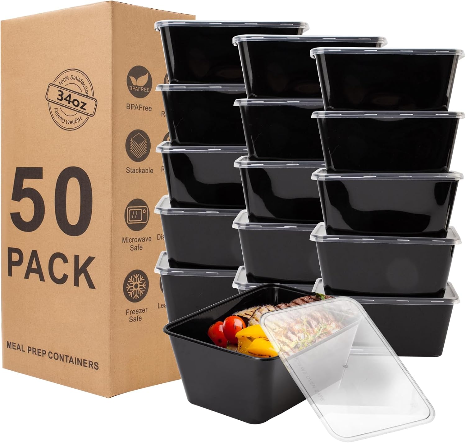 Aldernest Meal Prep Containers 50Pack - 34oz Food Storage Containers with Lids, 3.8 pounds, Black
