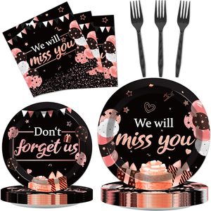 Ashenby 96pcs We Will Miss You Party Paper Plate and Napkin Farewell Party Decorations Going Away Party Disposable Dinner Tableware Black and Pink