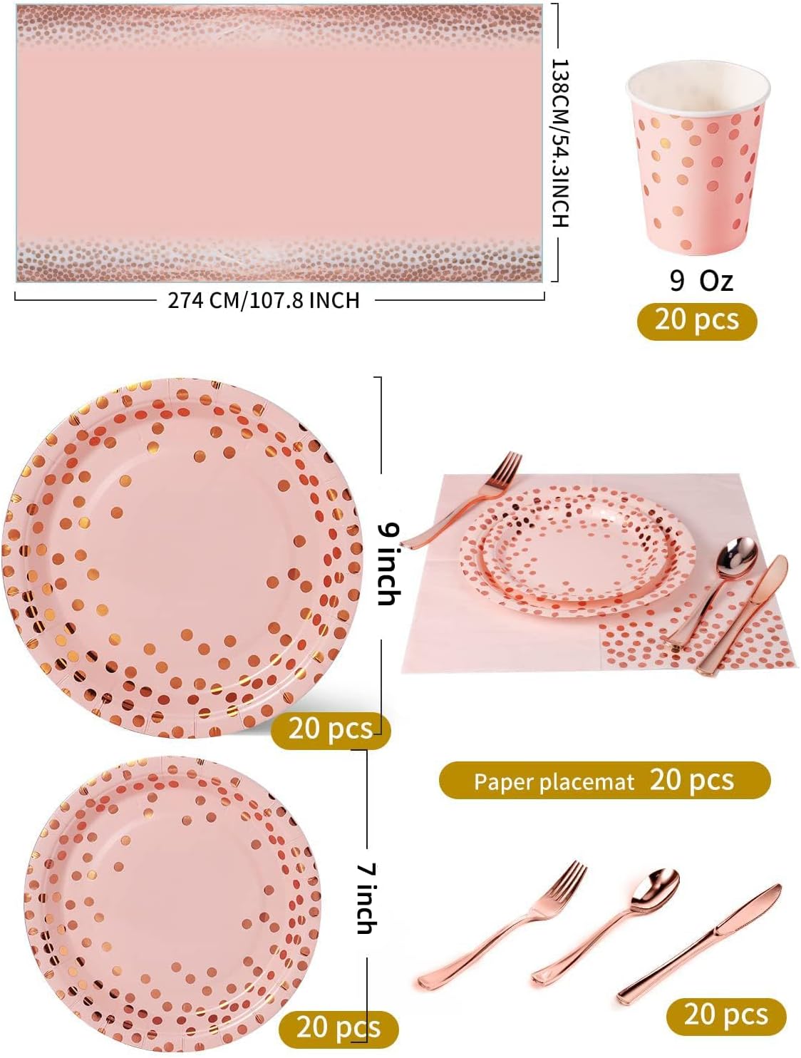 Aldernest 141Pcs Pink Rose Gold Paper Plates and Napkins Party Supplies for20, Pink and Rose Gold