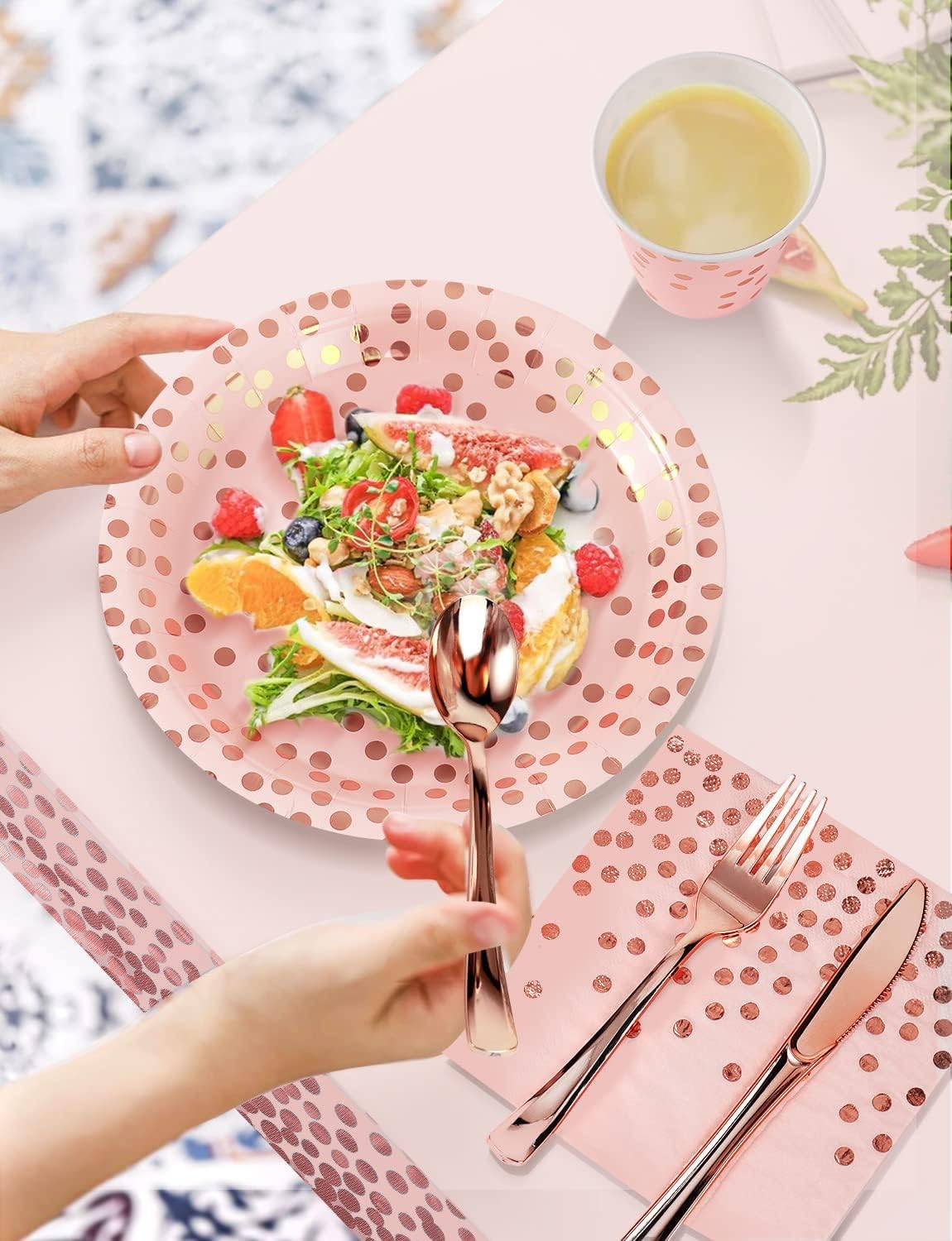 Aldernest 141Pcs Pink Rose Gold Paper Plates and Napkins Party Supplies for20, Pink and Rose Gold