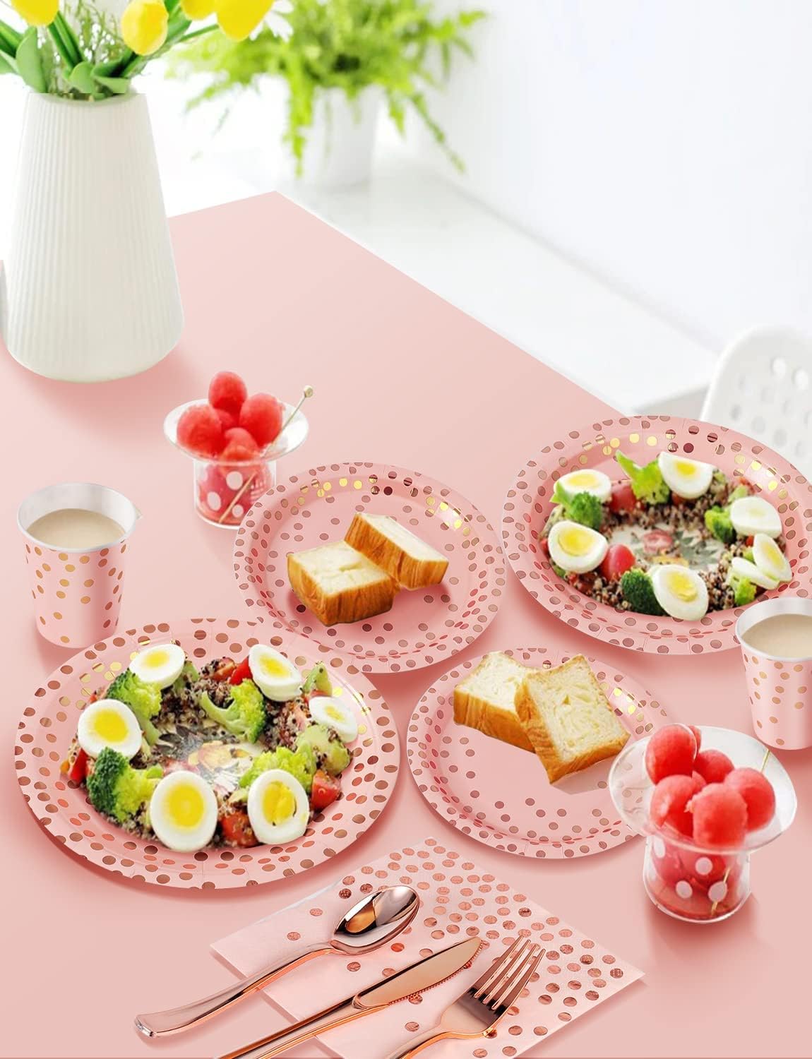 Aldernest 141Pcs Pink Rose Gold Paper Plates and Napkins Party Supplies for20, Pink and Rose Gold