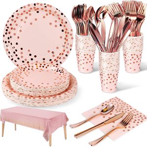 Aldernest 141Pcs Pink Rose Gold Paper Plates and Napkins Party Supplies for20, Pink and Rose Gold
