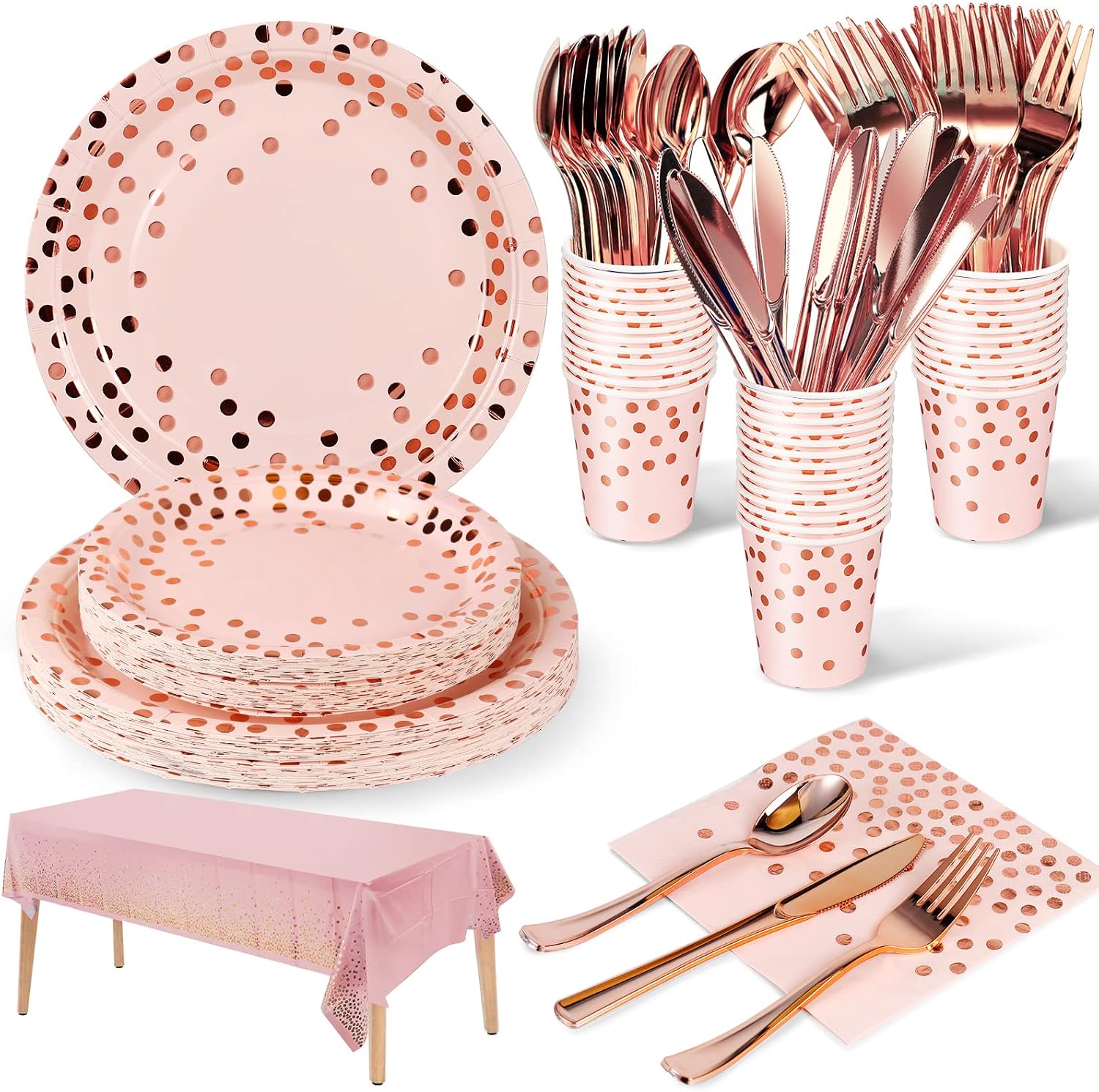 Aldernest 141Pcs Pink Rose Gold Paper Plates and Napkins Party Supplies for20, Pink and Rose Gold
