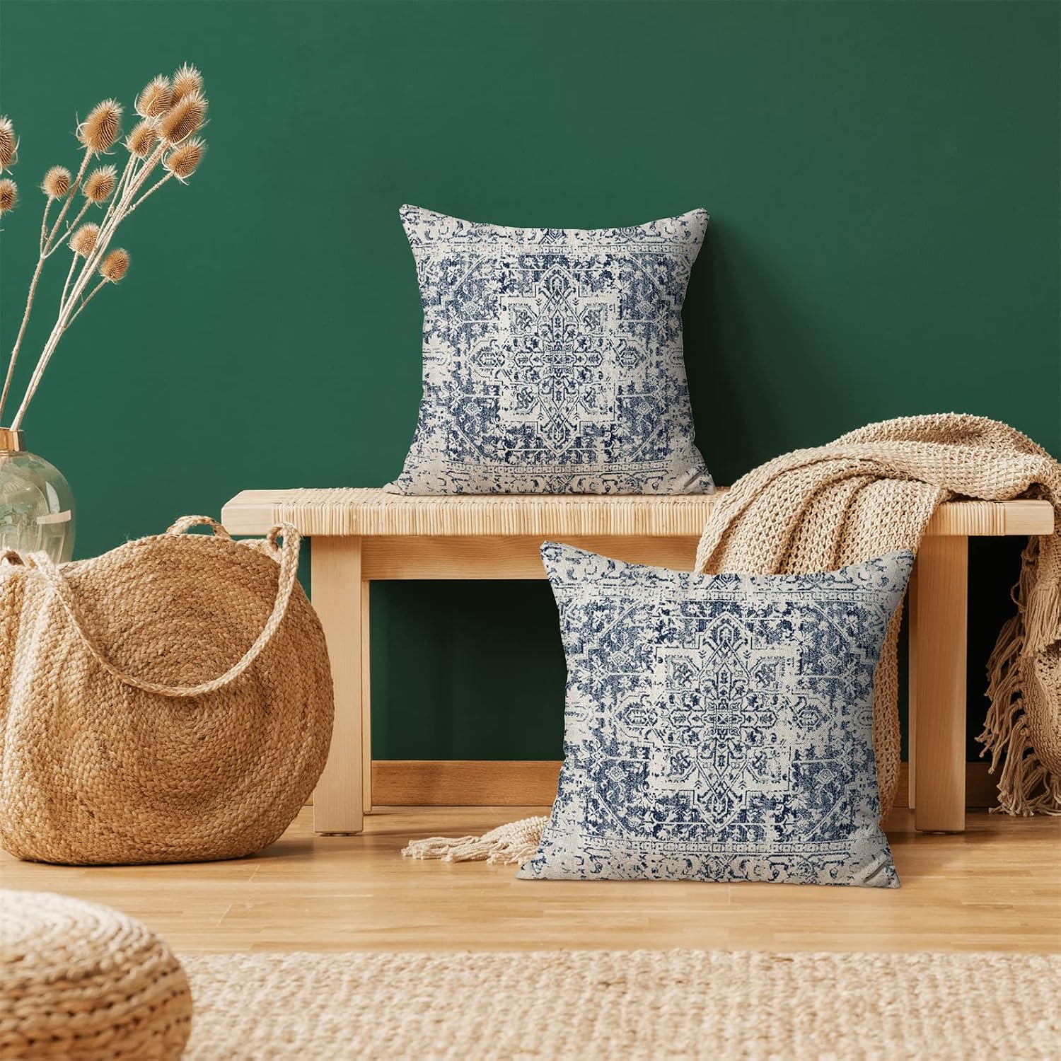 Aldernest Blue White Ethnic Design Boho Pillow Covers 18x18 Set of 2