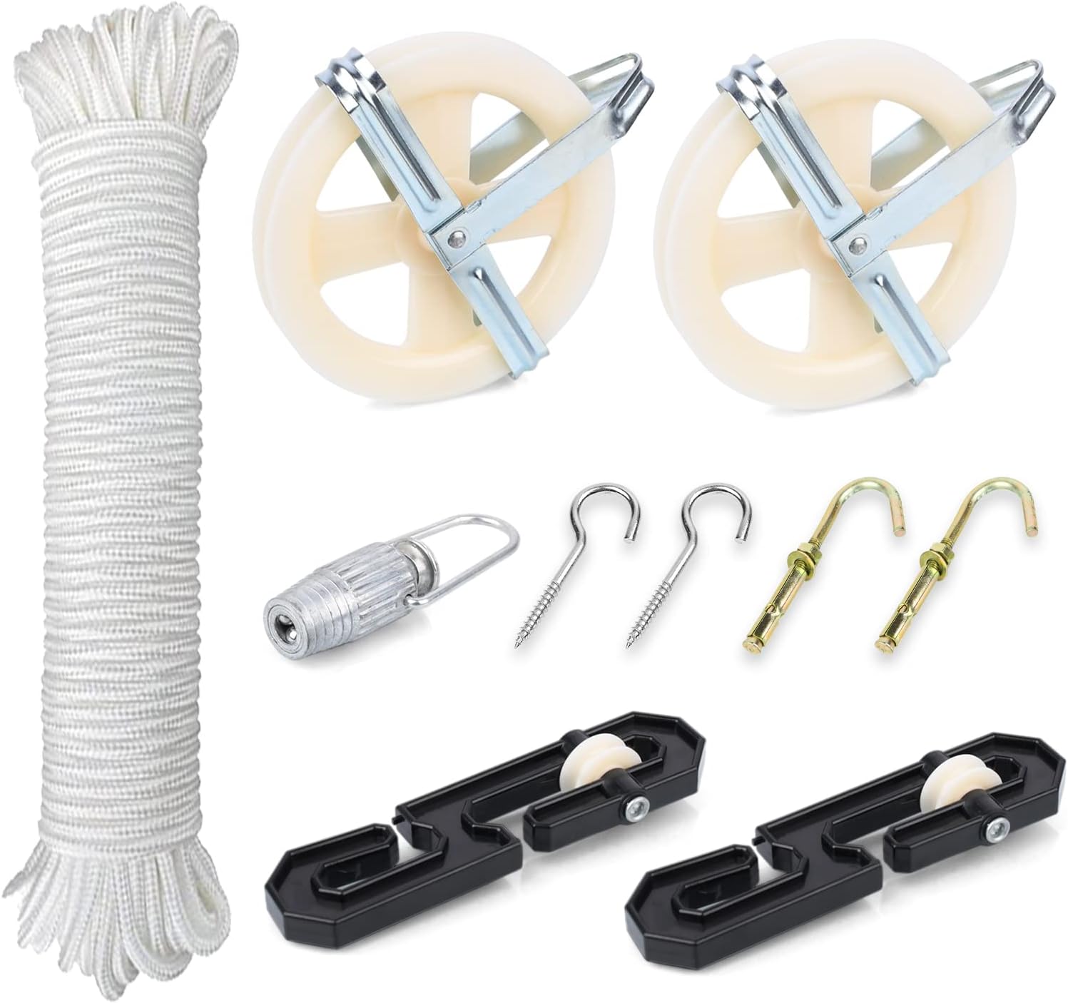Aldernest Outdoor Clothesline Kit, 5" Nylon Clothesline Pulley Kit, White, 150 Feet