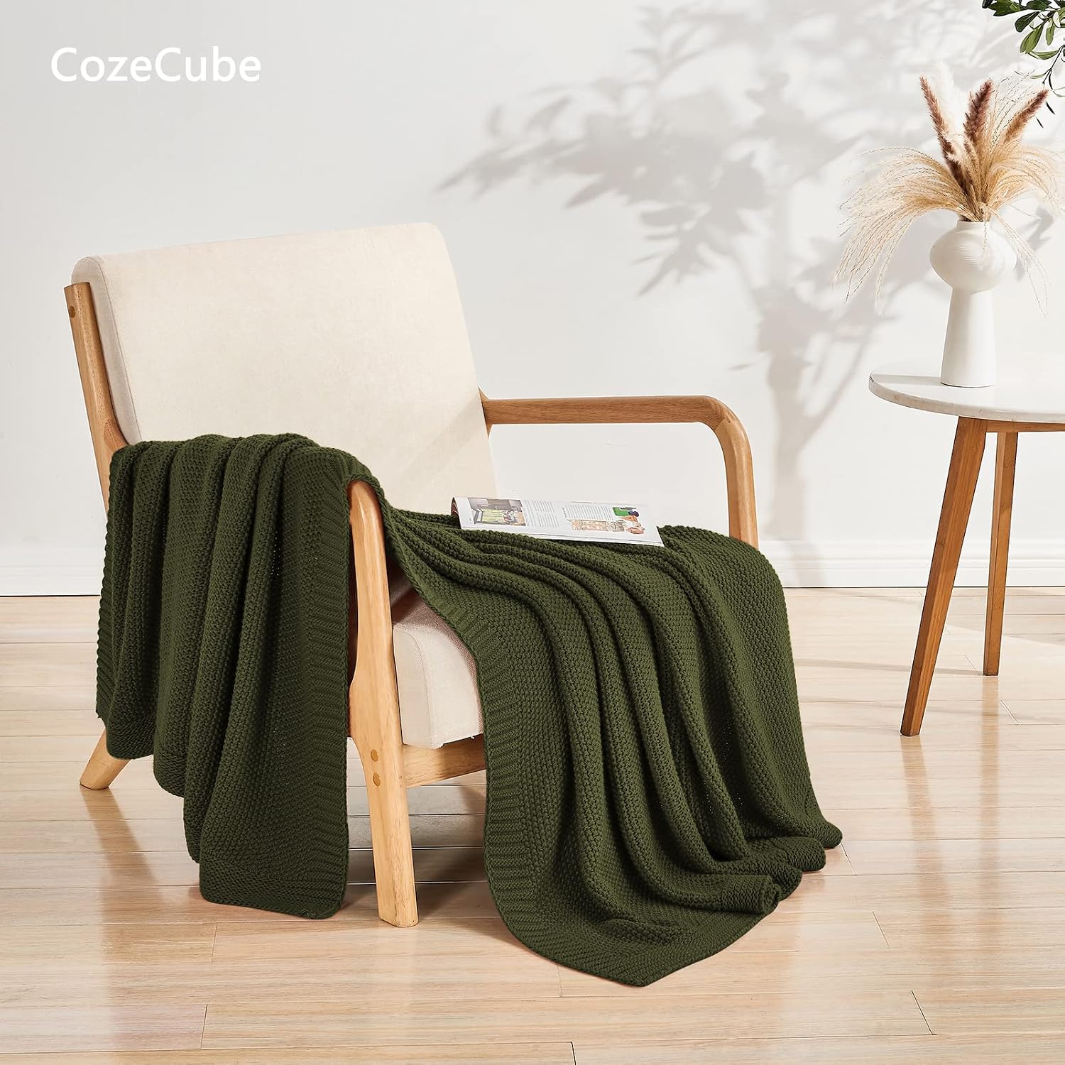 VelloHome Olive Green Seed Stitch Throw Blanket 60"x80", Farmhouse Decor, 2.8 pounds