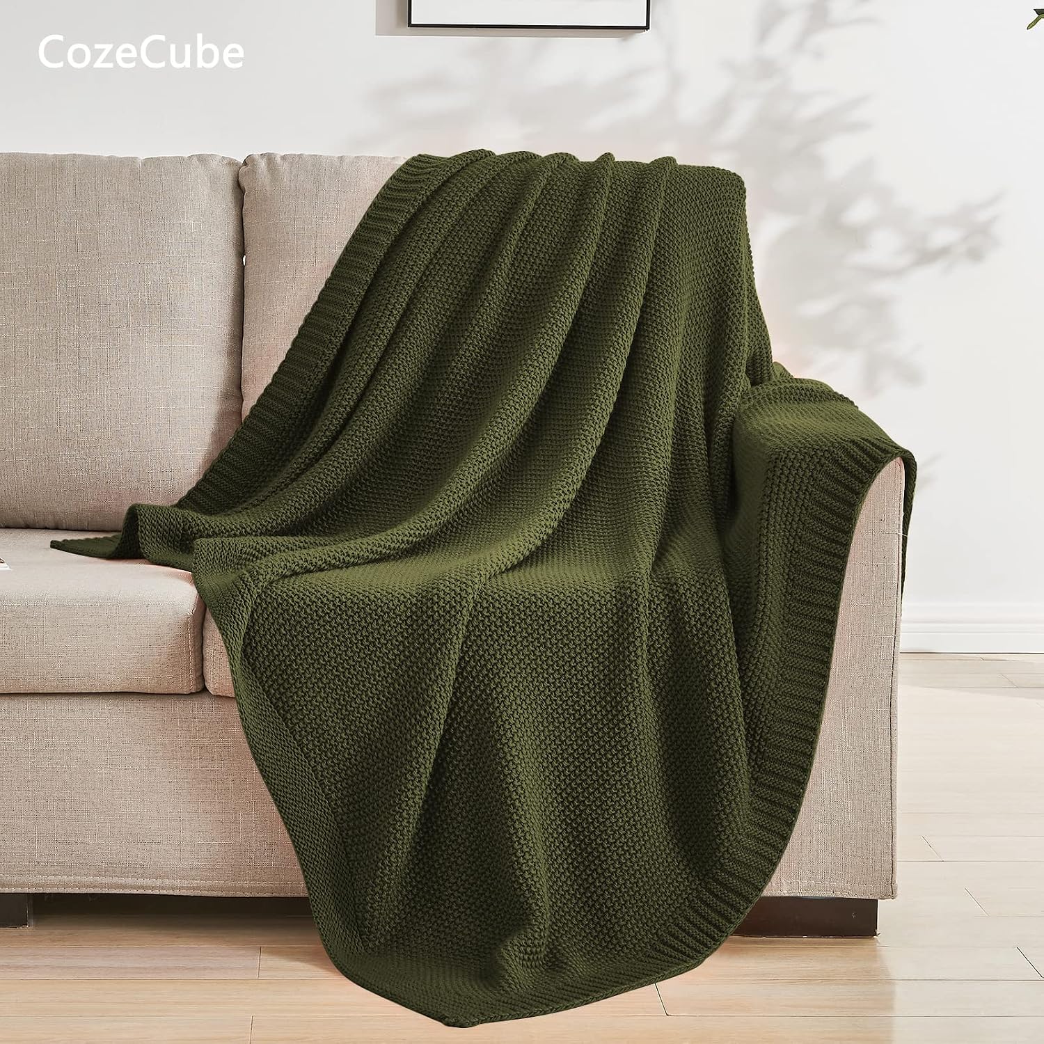 VelloHome Olive Green Seed Stitch Throw Blanket 60"x80", Farmhouse Decor, 2.8 pounds