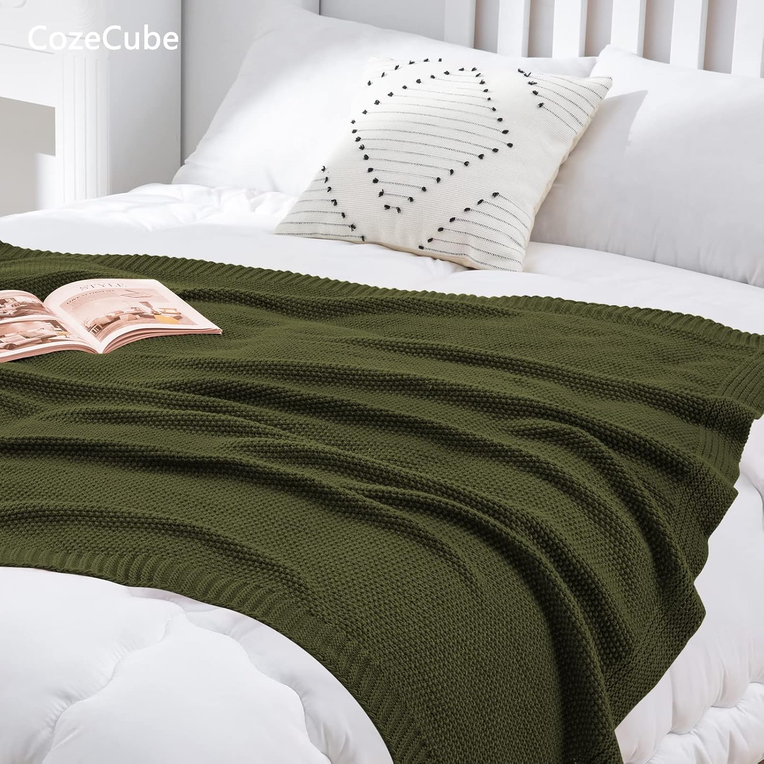 VelloHome Olive Green Seed Stitch Throw Blanket 60"x80", Farmhouse Decor, 2.8 pounds