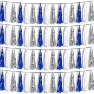 Birchmont 4P Navy-Blue White-Silver Foil Fringe Metallic Tassel Garland Banner, 0.15 kg, 39.3 feet, Blue White Silver