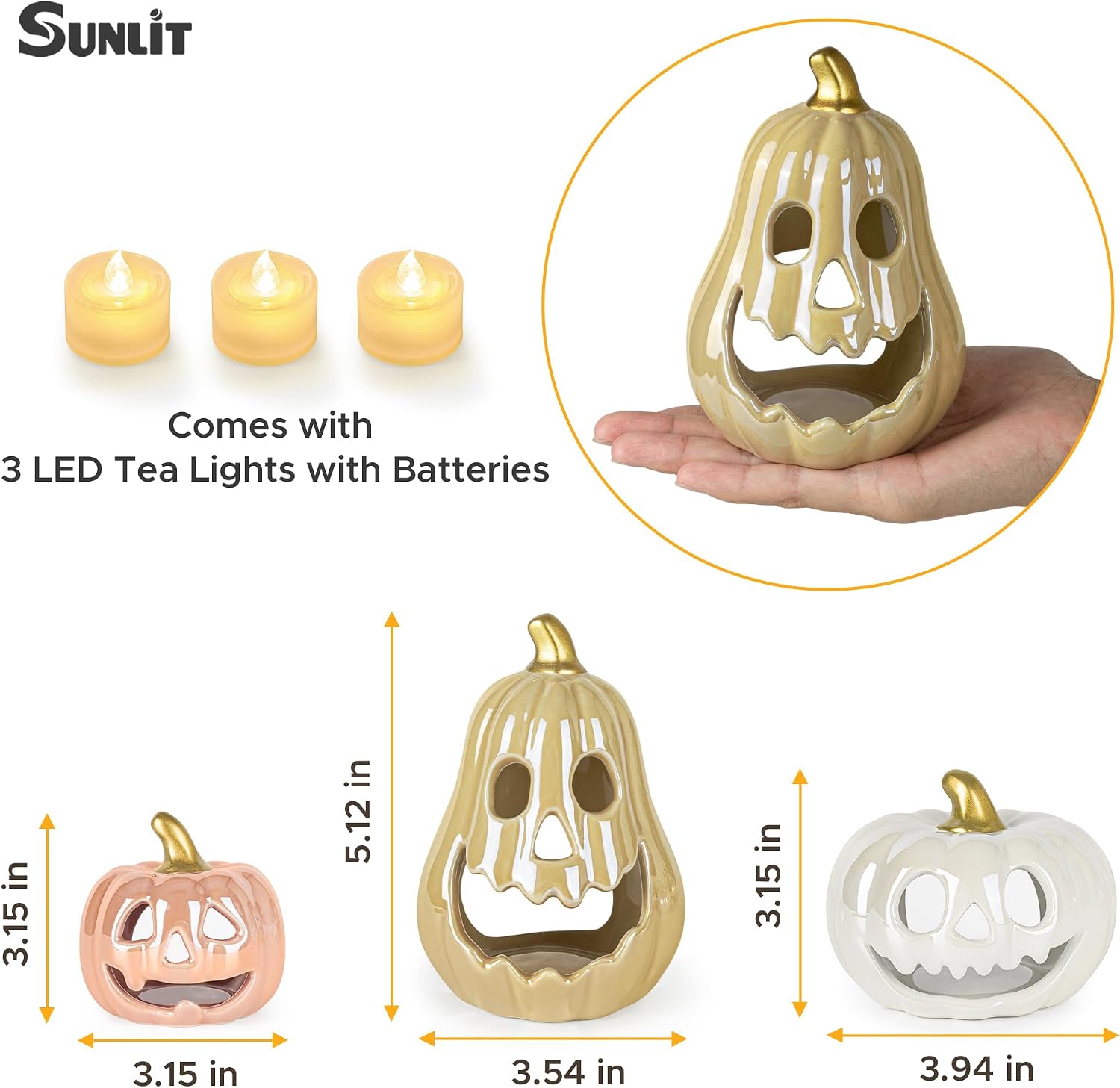 Aldernest Ceramic Pumpkin with 3 Tea Lights, Jack O Lantern Candle Holder Set of 3, Colorful Pumpkin