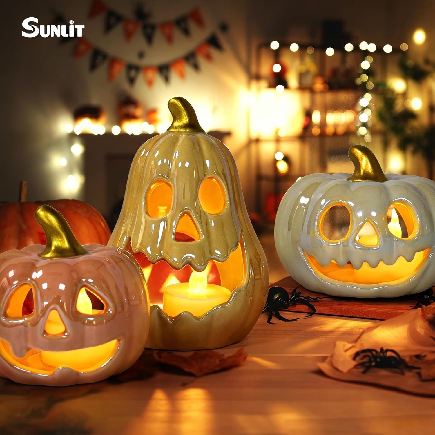 Aldernest Ceramic Pumpkin with 3 Tea Lights, Jack O Lantern Candle Holder Set of 3, Colorful Pumpkin