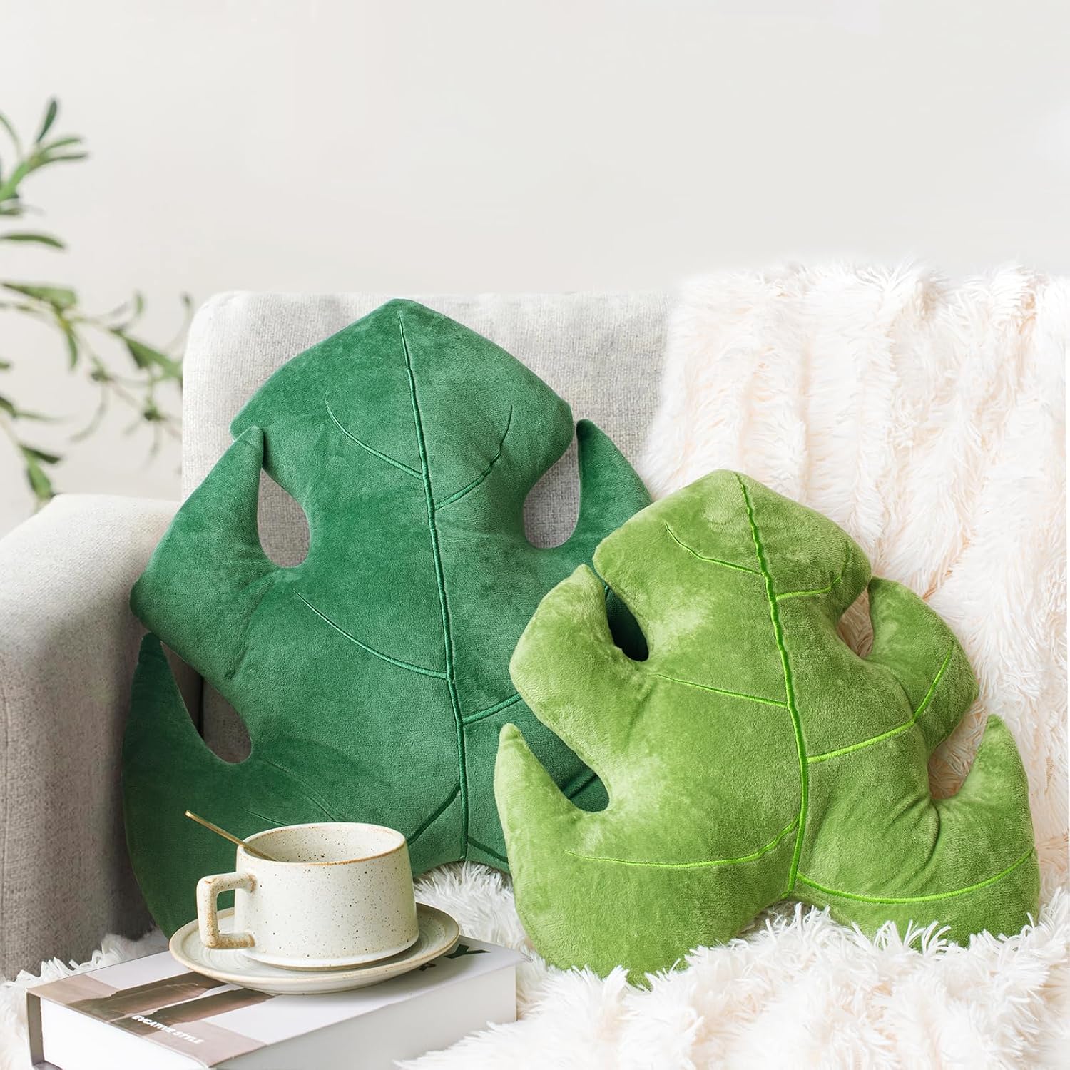Aldernest Set of 2 3D Leaves Decorative Throw Pillows, 0.76 kg, Light Green & Dark Green
