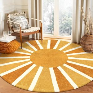 Aldernest Boho Round Rugs - 4Ft Washable Small Round Area Rug Kids Nursery Rug, Rainbow Sun (Round)