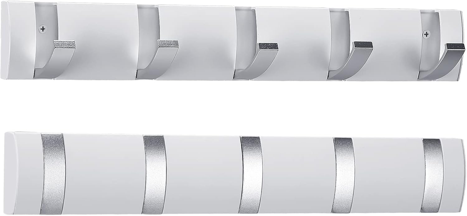 Rowanmere 2 Pack Wall Mounted Coat Rack, 5 Foldable Hooks, White, 1.8 pounds