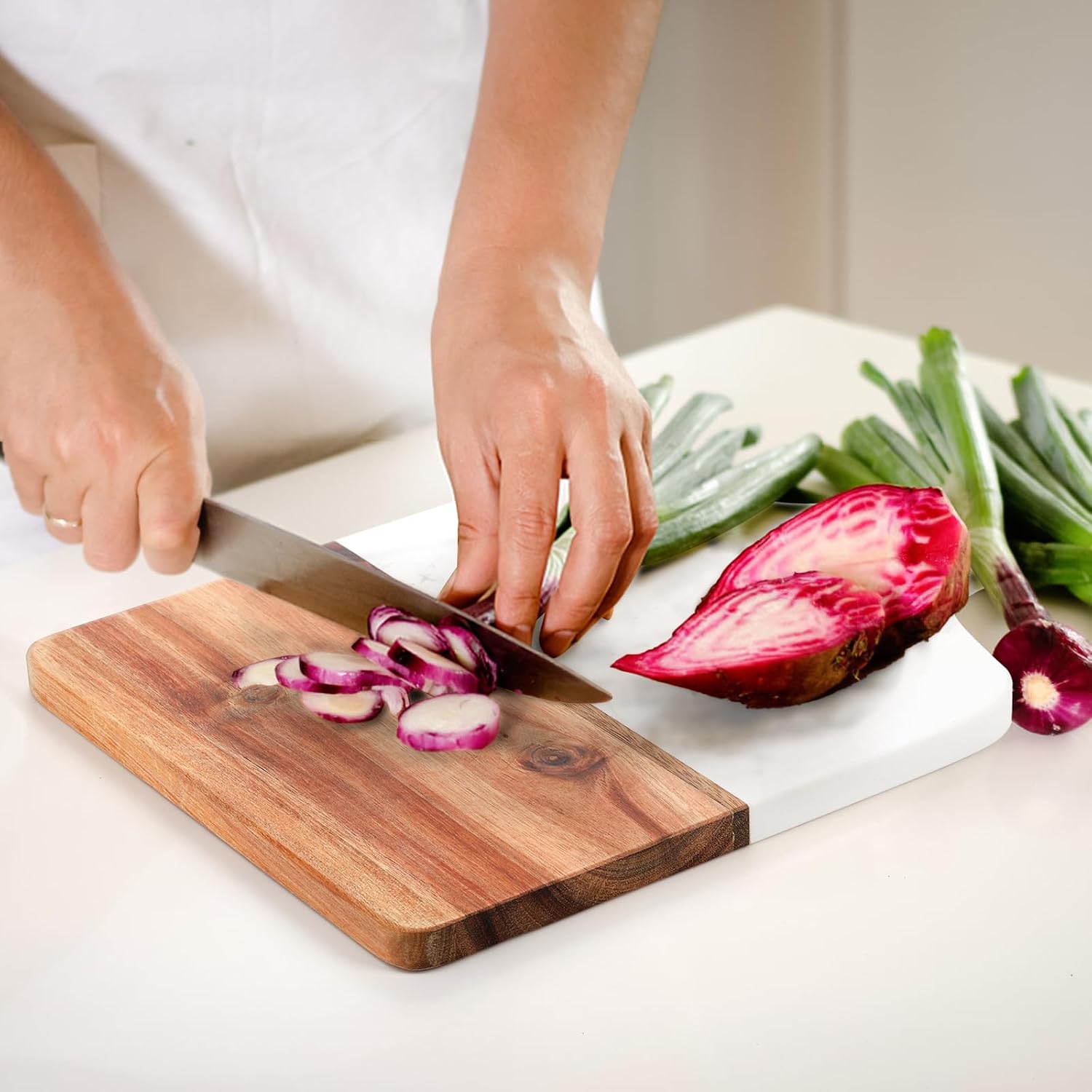 Aldernest Marble and Acacia Wood Cutting Board, Charcuterie Chopping Board with Handle, 1.35 kg, 13"L x 8.5"W, White