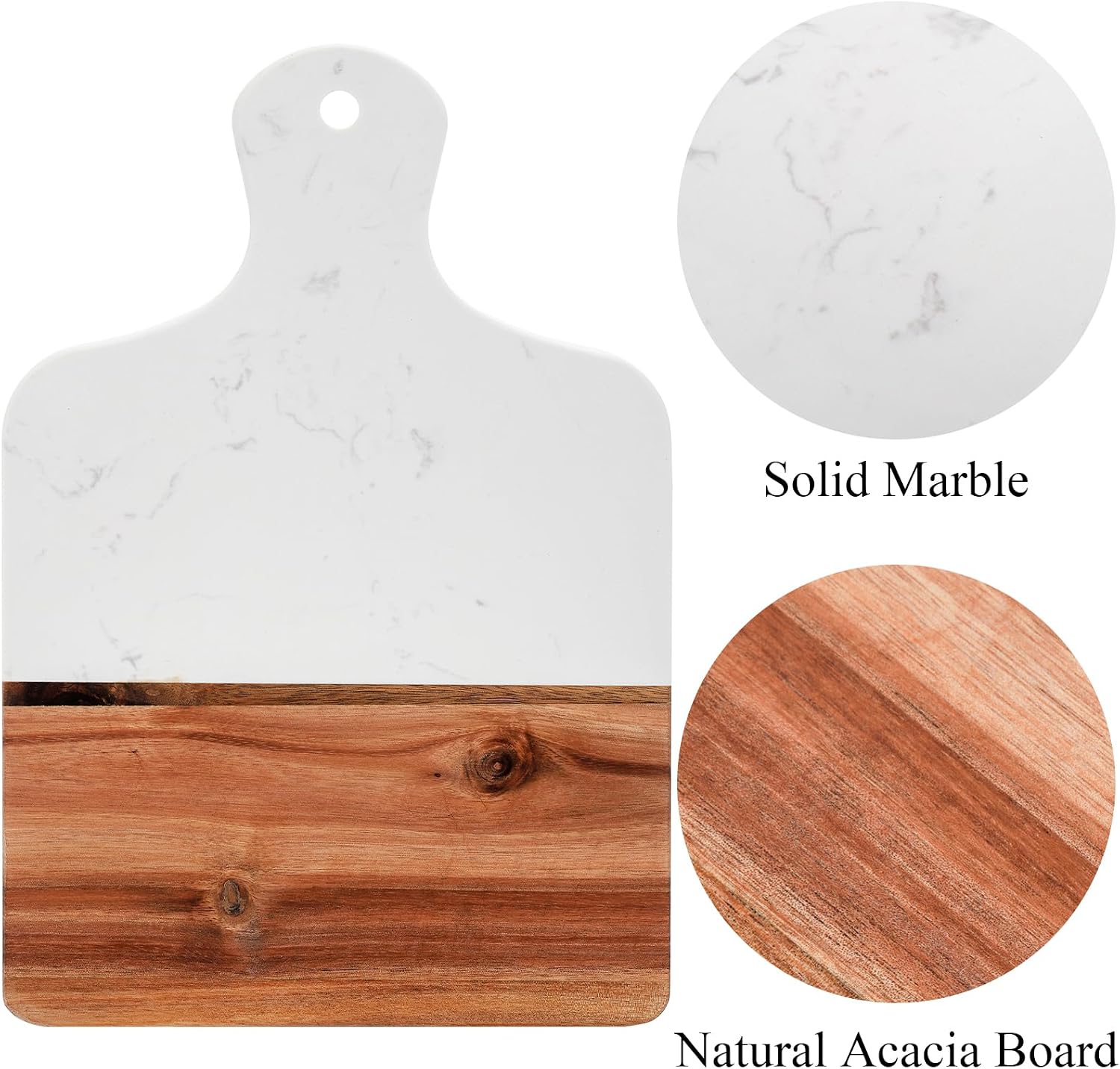 Aldernest Marble and Acacia Wood Cutting Board, Charcuterie Chopping Board with Handle, 1.35 kg, 13"L x 8.5"W, White