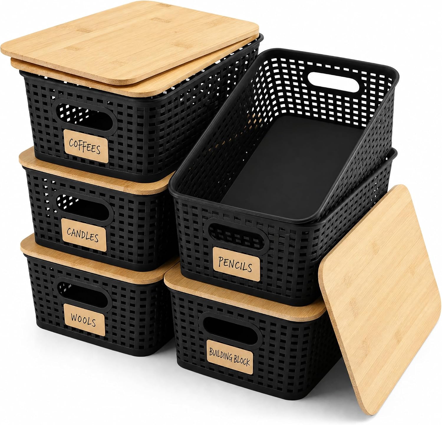 Barleyfield Storage Bins with Bamboo Lids Set of 6 Lidded Storage Container Plastic Baskets Organizer Bins for Organizing Kithen Room Bedroom Office