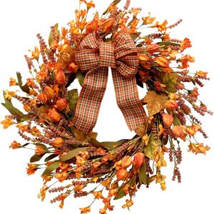 Aldernest 18 Inches Artificial Fall Wreath, Autumn Decoration with Berries & Leaves, 0.71 kg, Orange