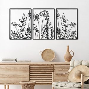 VelloHome 3 Pcs Black Metal Wall Art Minimalist Floral Hanging, Cute Style, 0.81 kg, 16.5 x 11.8 inches