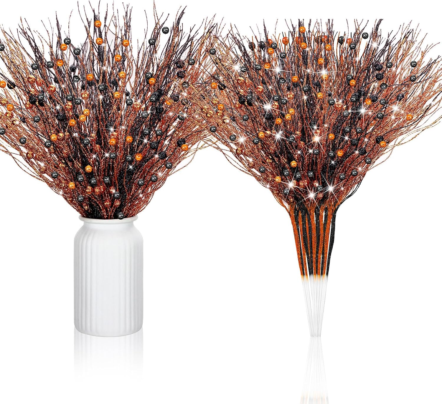 Ashenby 16 Pack 17 Inch Halloween Picks Black and Orange Glitter Berry Stem, 0.15 kg