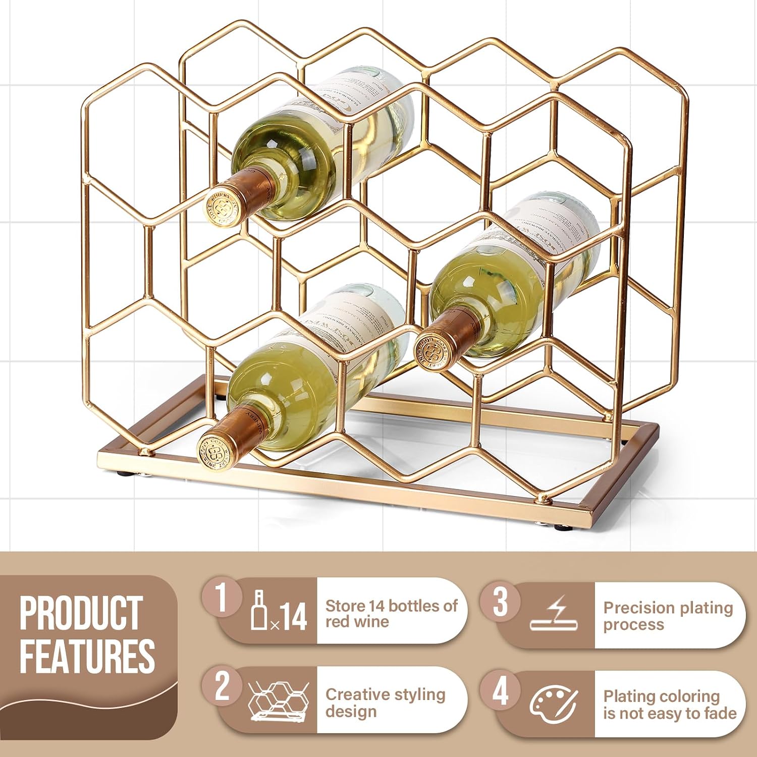 Aldernest 14 Bottle Countertop Wine Rack - Freestanding Modern Gold Metal Wine Rack - Tabletop Wine Holder Stand for Cabinet, Pantry