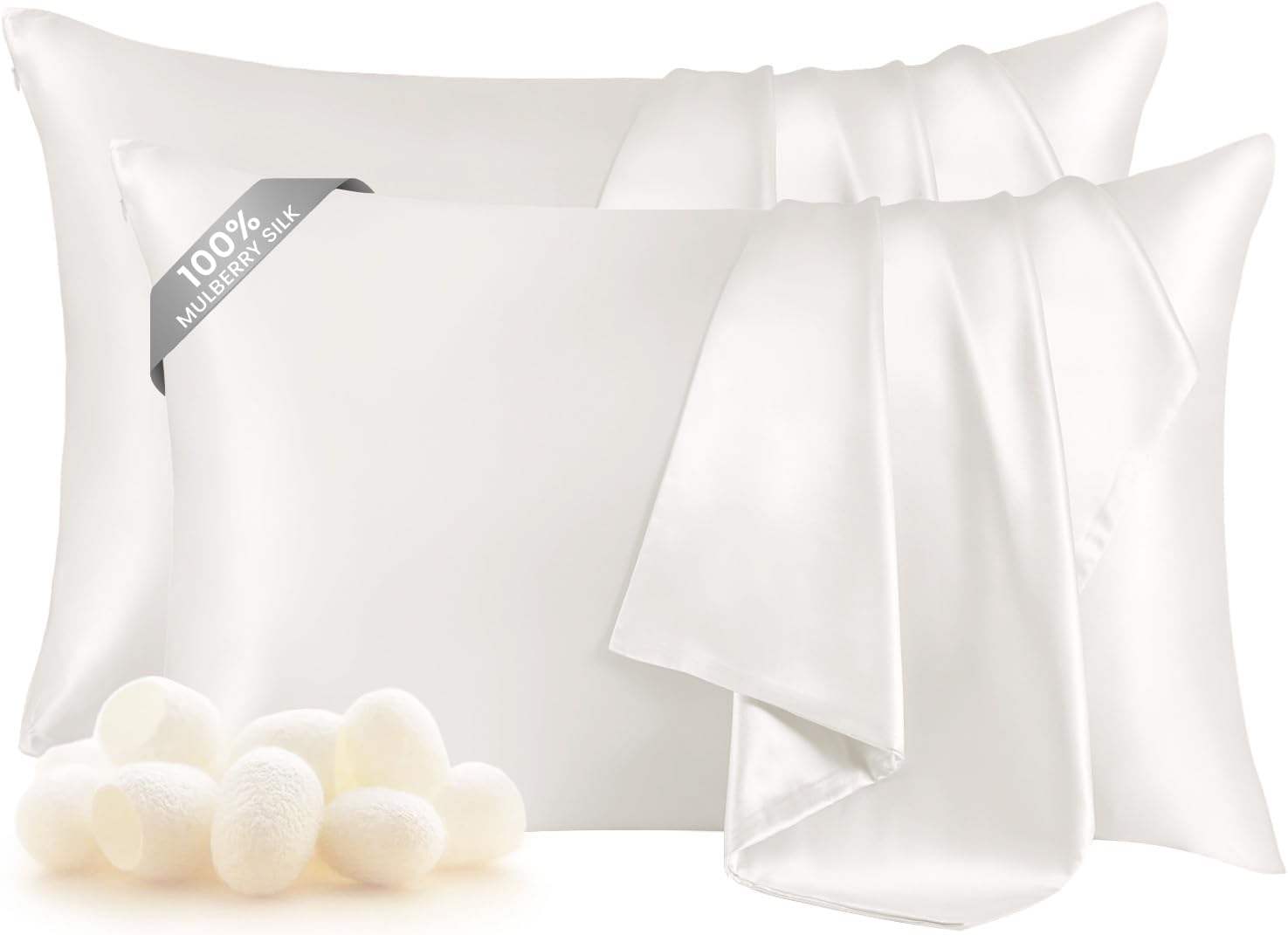Aldernest 100% Mulberry Silk Pillowcase Set, 2 Pcs | Standard, Pearl White, Standard(20"x26")