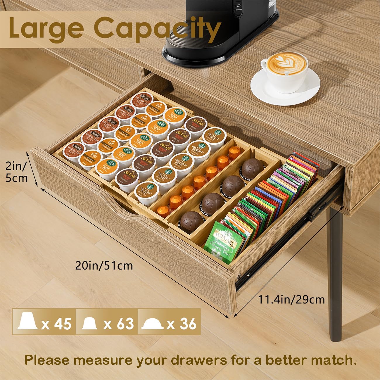 Aldernest Coffee Pod Holder Drawer, Bamboo K Cup Holder Compatible with Nespresso Vertuo Capsules