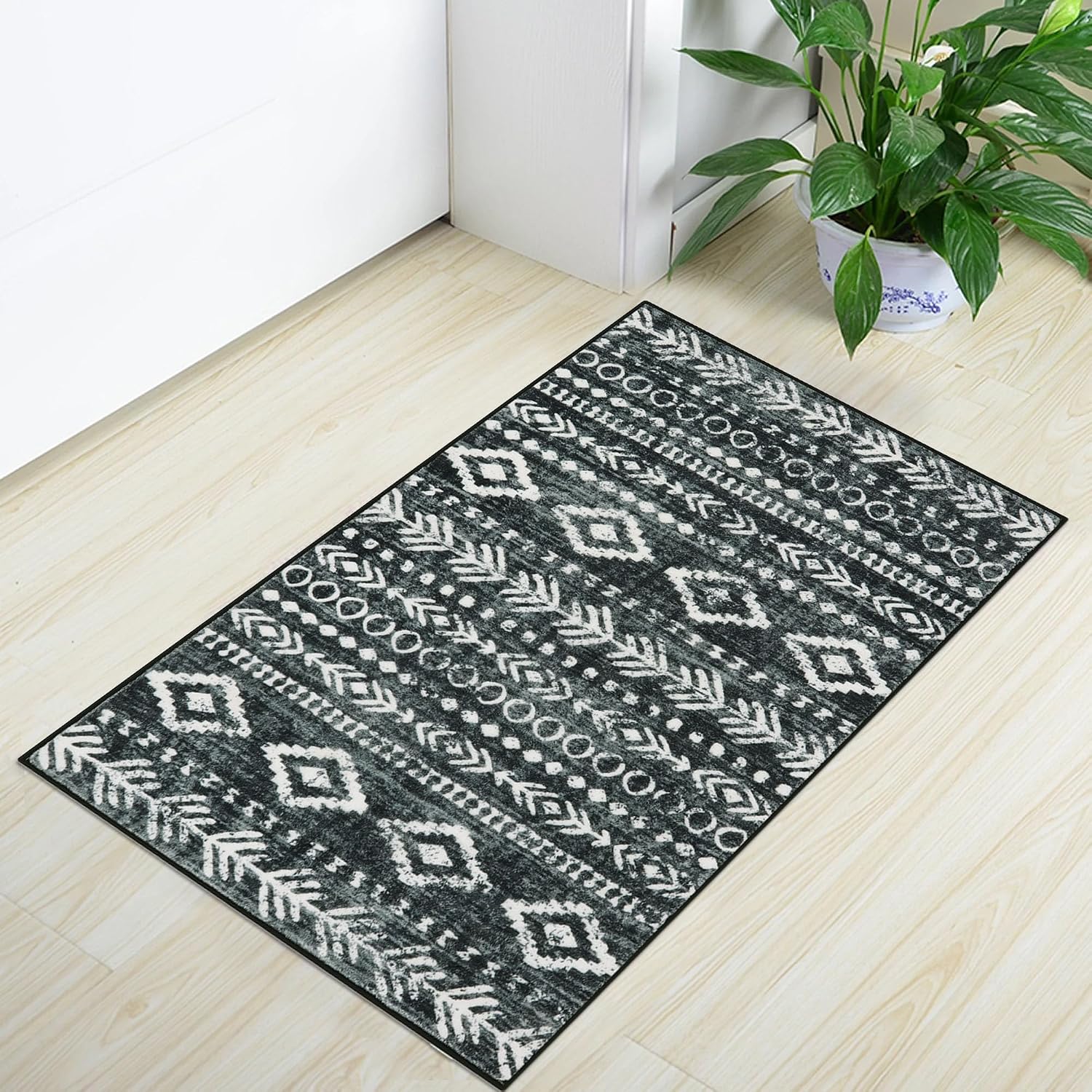 Aldernest Moroccan Small Rug 2x3, Black and White Non-Slip Washable Indoor Front Door Mat with Rubber Backing, 1.1 pounds, Black/White