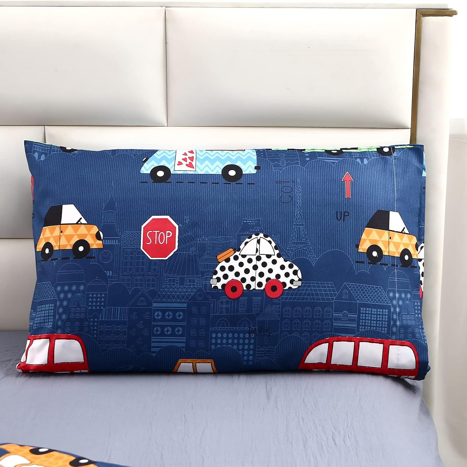 Aldernest 3Pcs Cartoon Car Comforter Set, Blue Cute Queen Comforter Set, 1.98 kg