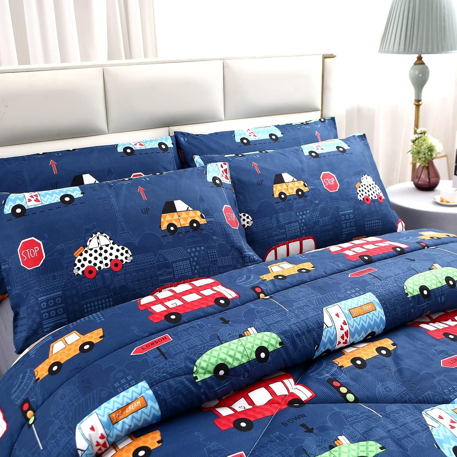 Aldernest 3Pcs Cartoon Car Comforter Set, Blue Cute Queen Comforter Set, 1.98 kg