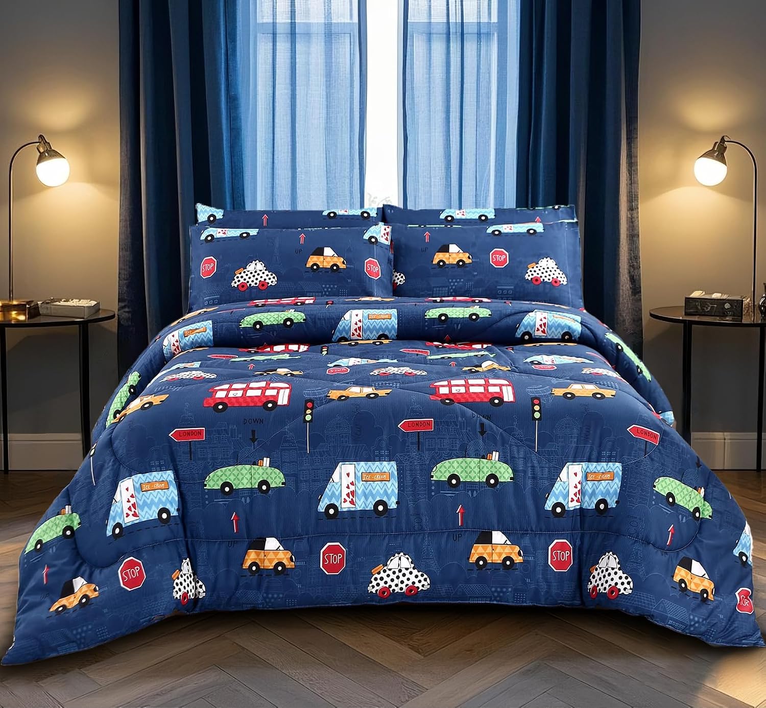 Aldernest 3Pcs Cartoon Car Comforter Set, Blue Cute Queen Comforter Set, 1.98 kg