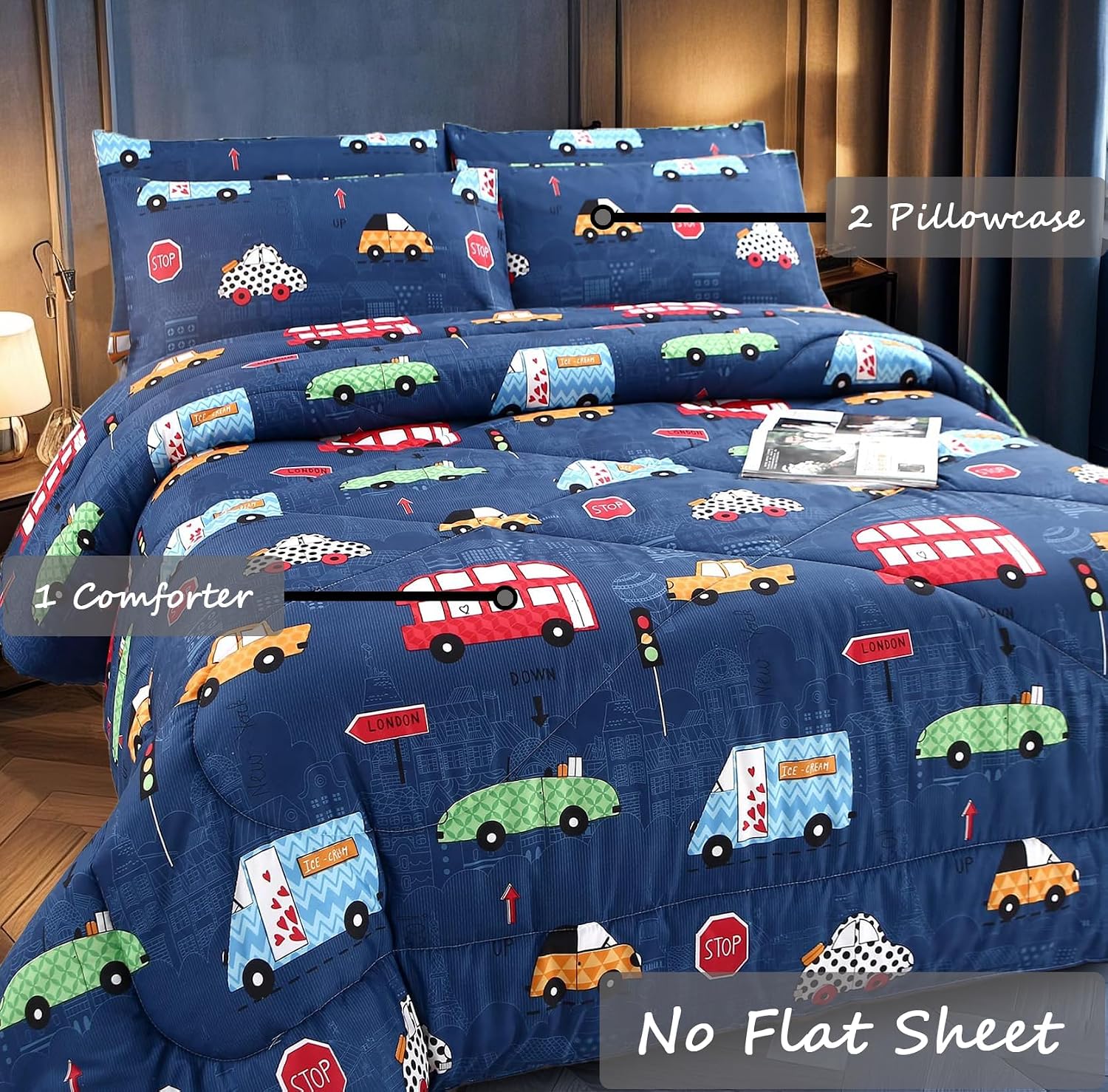 Aldernest 3Pcs Cartoon Car Comforter Set, Blue Cute Queen Comforter Set, 1.98 kg