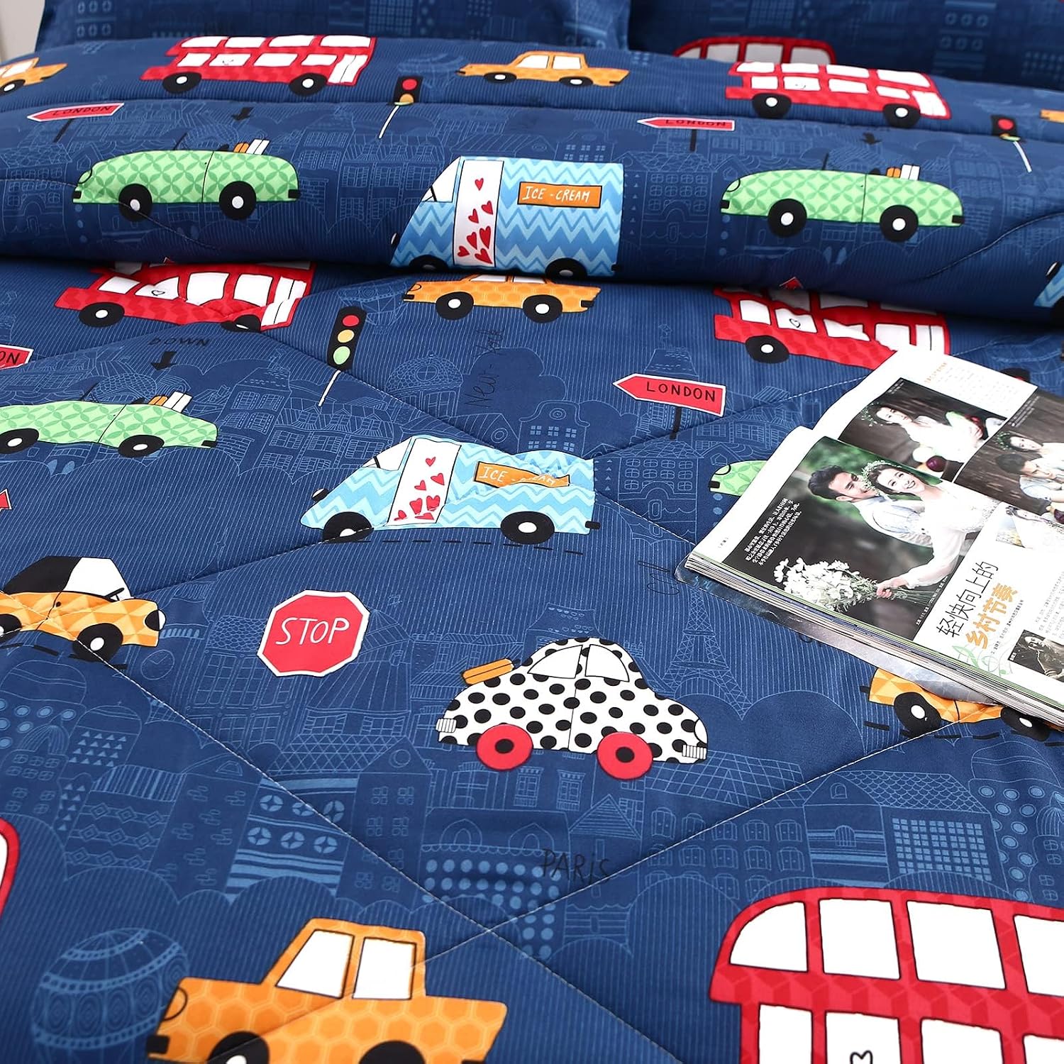 Aldernest 3Pcs Cartoon Car Comforter Set, Blue Cute Queen Comforter Set, 1.98 kg