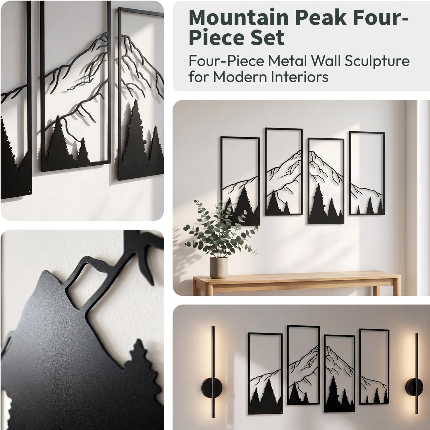 NestlyCo 4 Pcs Metal Mountain Forest Wall Art Minimalist Line Draw Wall Decor, 0.81 kg, Middle