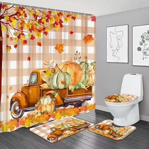 Aldernest 4PCS Fall Thanksgiving Day Shower Curtain, 2"W x 2"L (Pack of 1), Pumpkin Car