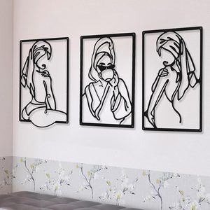 Brackenly 3 Pieces Metal Minimalist Abstract Woman Wall Art Line Drawing Wall Art Decor Single Line Female Home Hanging for Kitchen Bathroom Living