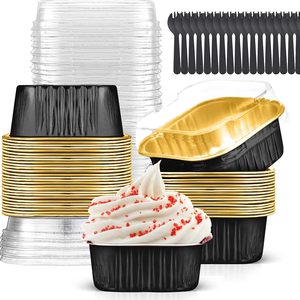 Aldernest 10oz Mini Cake Pans with Lids Aluminum Foil Square Cupcake Liners Brownie Baking Cups,Disposable 4”x4” Large Cupcake Pan,Jumbo Muffin Tin