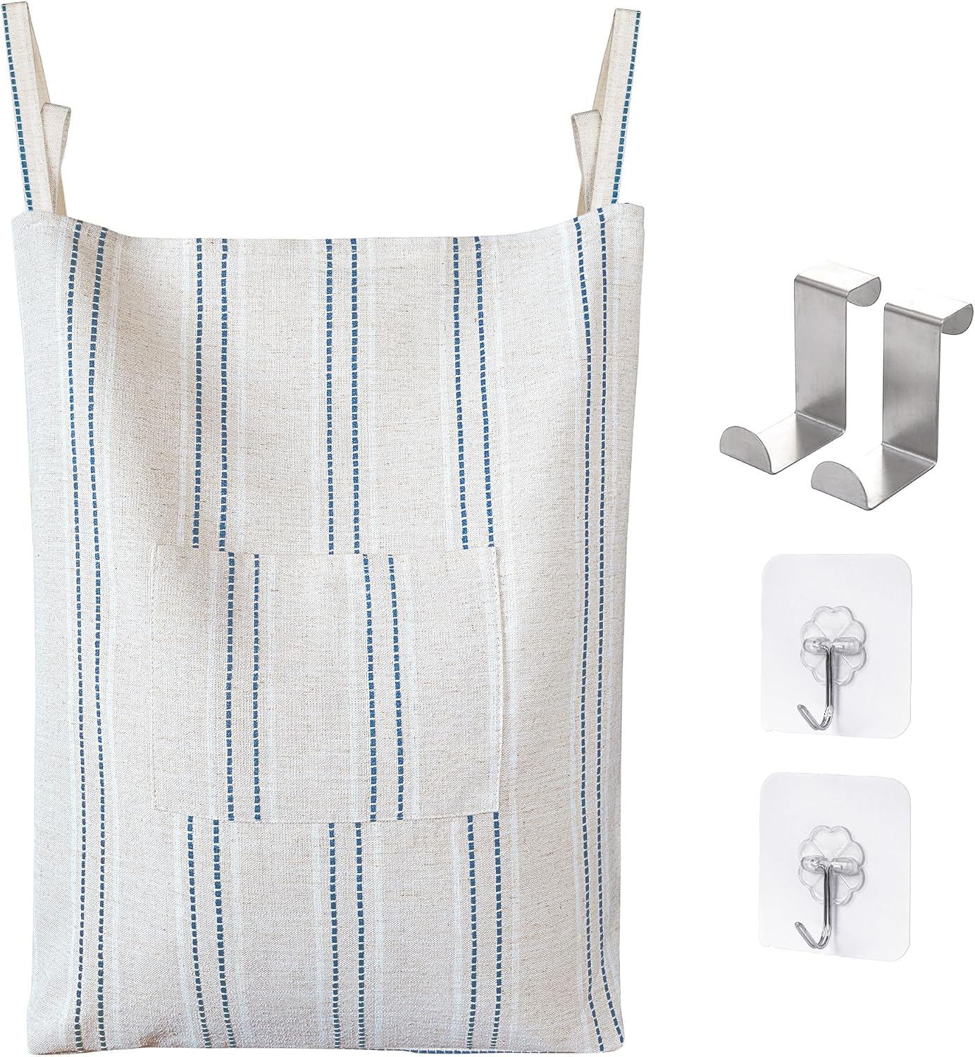 Aldernest Farmhouse Hanging Laundry Hamper with 2 Hooks, 0.43 kg, Large, Beige & Blue Stripes