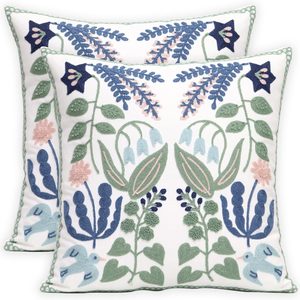 Aldernest Pack of 2 Embroidered Decorative Throw Pillow Cover 18x18 Inch Farmhouse Floral Pillowcase for Living Room Sofa Bed, Bird Flower