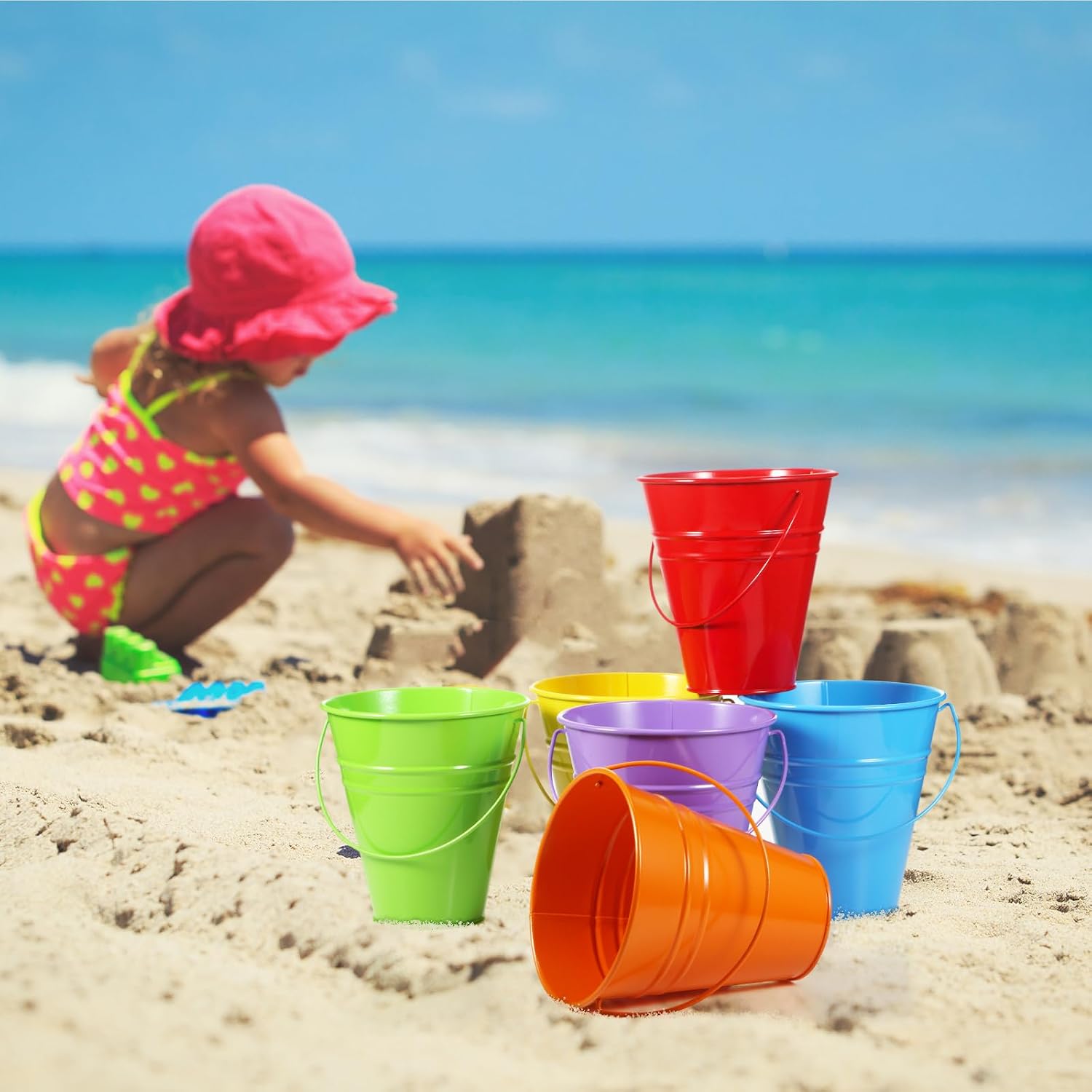 Aldernest 12 Pack Rainbow Metal Buckets, Galvanized Pail with Handle 4.5" x 5", 1.2 kg, Rainbow Color