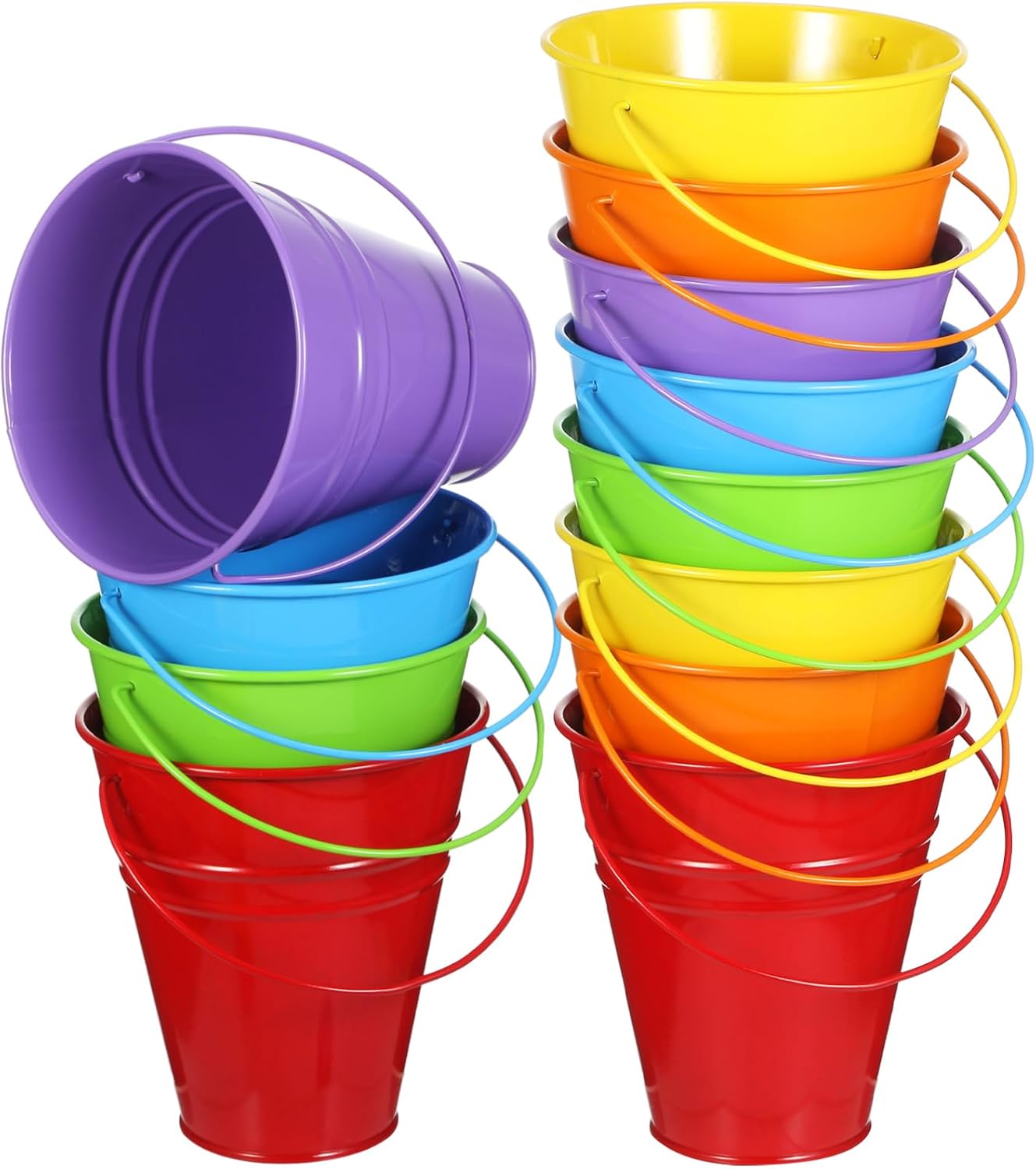 Aldernest 12 Pack Rainbow Metal Buckets, Galvanized Pail with Handle 4.5" x 5", 1.2 kg, Rainbow Color