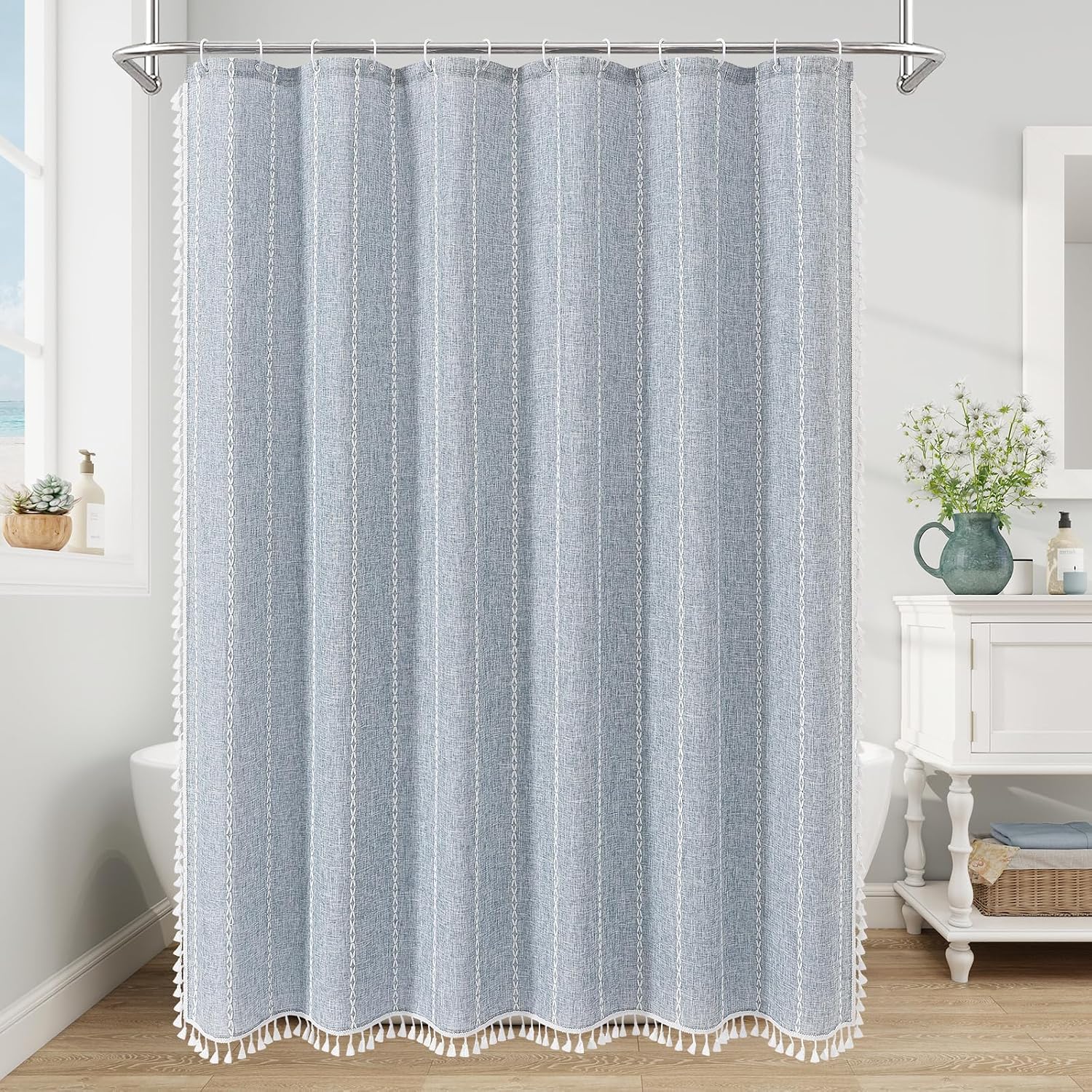 Aldernest Boho Farmhouse Tassel Linen Shower Curtain, 3D Embroidery Stripe Blue, 72x72, 11.52 ounces