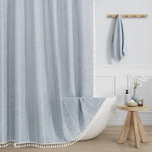 Aldernest Boho Farmhouse Tassel Linen Shower Curtain, 3D Embroidery Stripe Blue, 72x72, 11.52 ounces