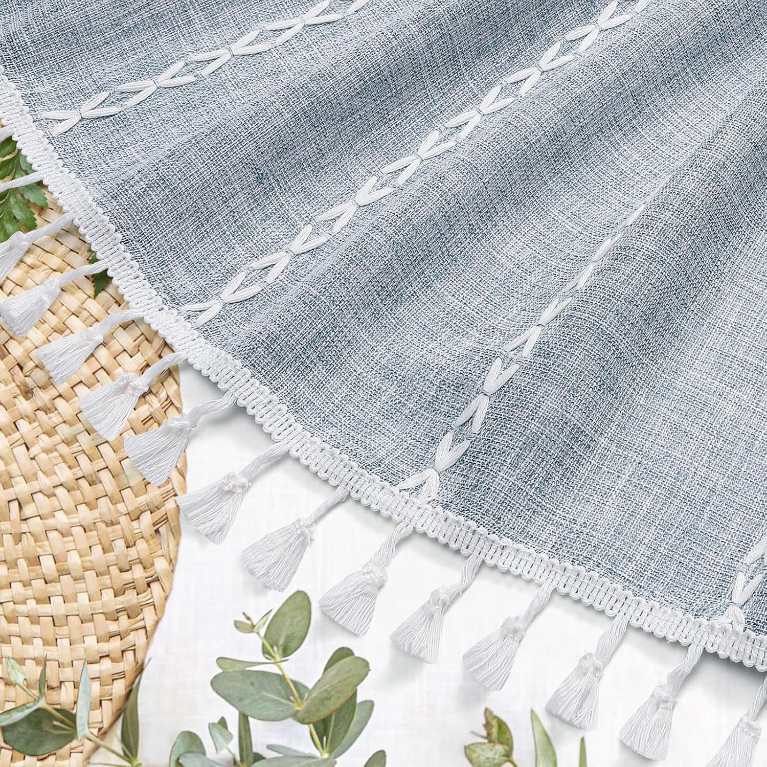 Aldernest Boho Farmhouse Tassel Linen Shower Curtain, 3D Embroidery Stripe Blue, 72x72, 11.52 ounces