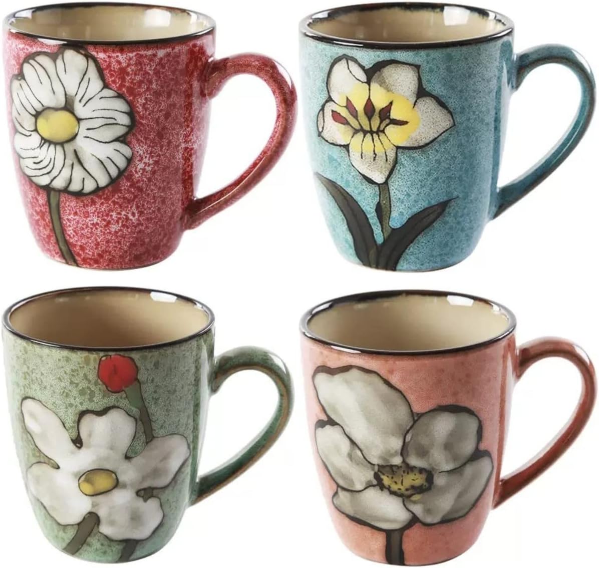 Aldernest Ceramics 12oz Coffee mugs set of 4, cups, Underglaze Technique, Red+Blue+Green+Pink