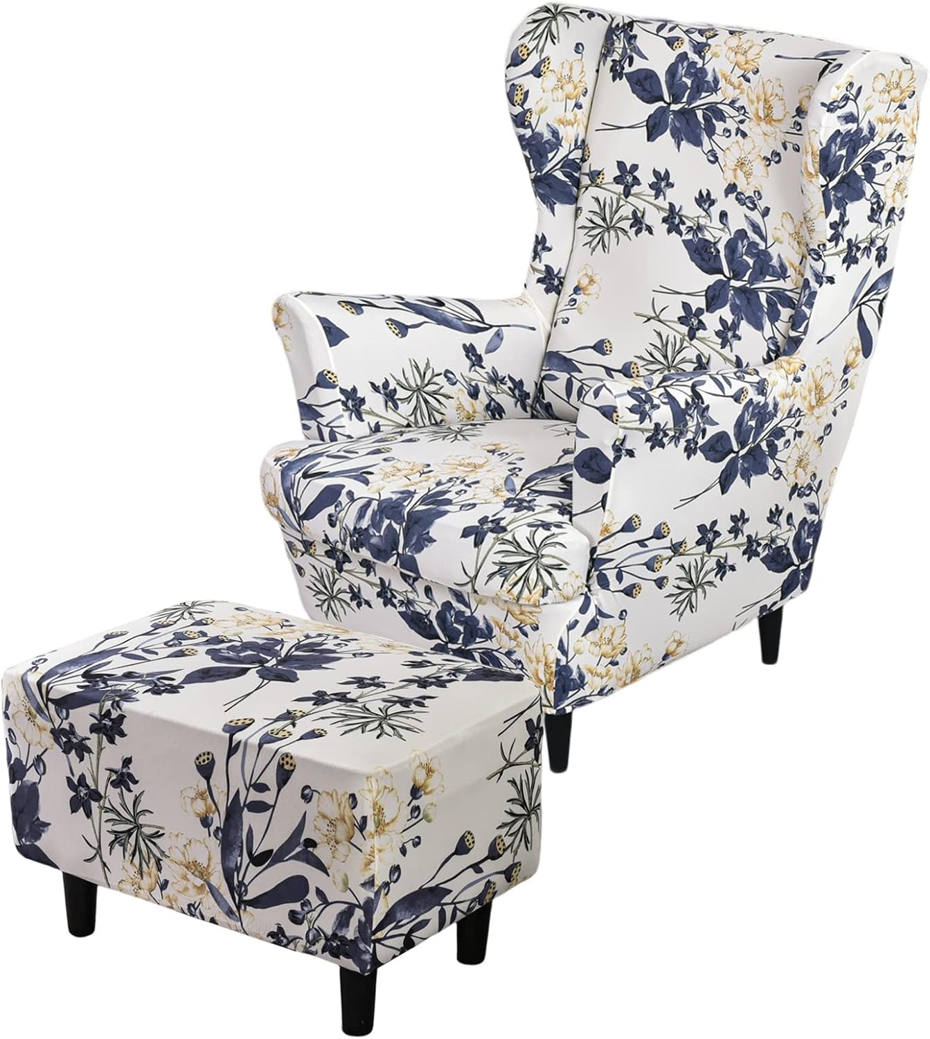 Barleyfield Stretch Wing Chair Cover Set Ottoman Slipcover 2 Pieces Wingback Chair Slipcover and 1 Piece Rectangle Storage Stool Cover Removable