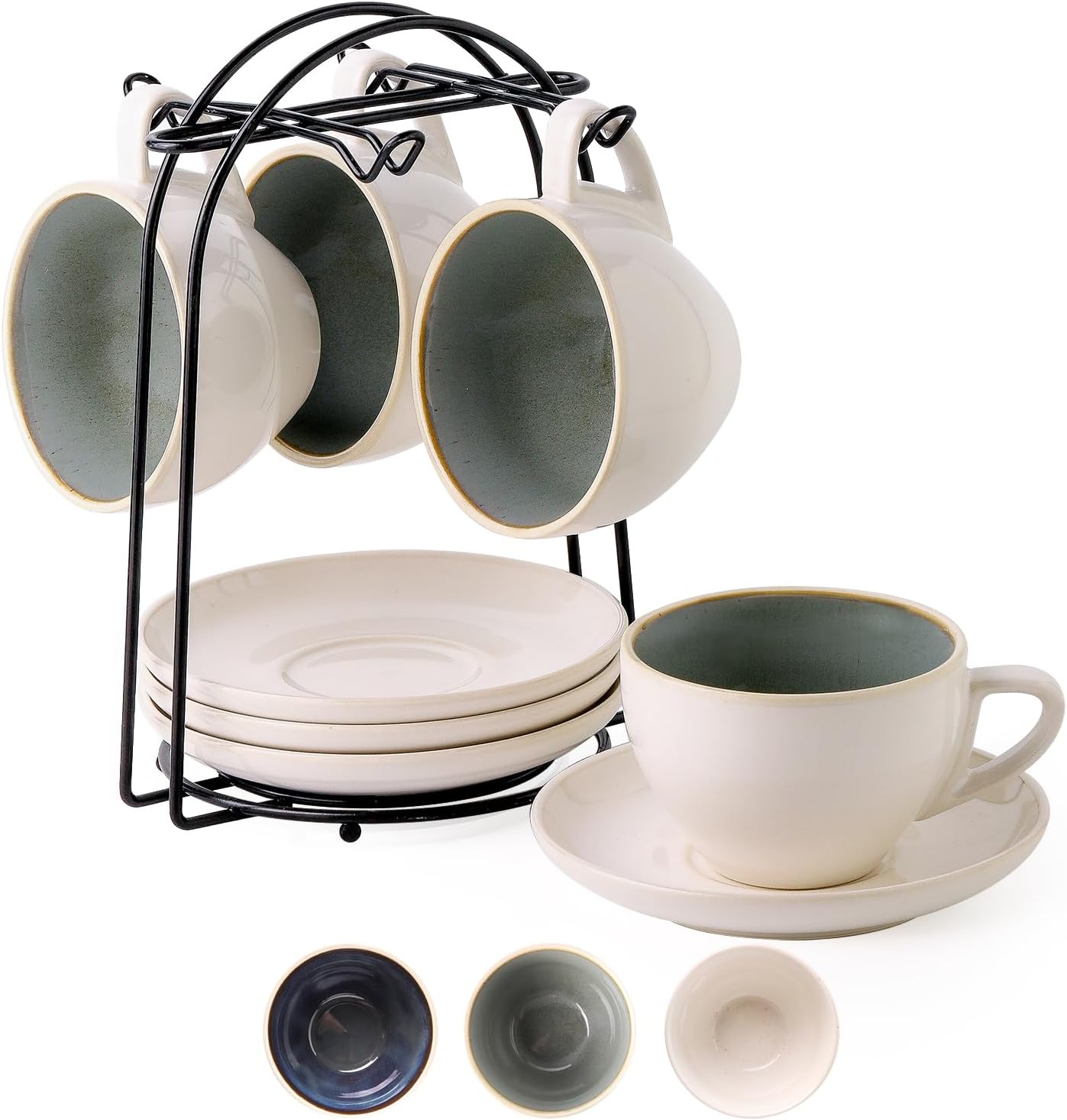 Aldernest Stackable Cappuccino Cup Set of 4 Activated-Glazed Ceramic Coffee Cup, 1.98 kg, Active Green