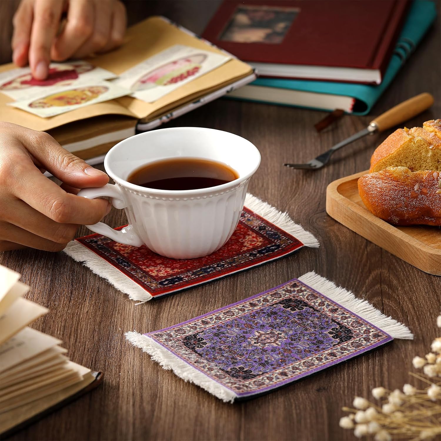 Ashenby 10 Pcs Rug Coasters with Fringe, Non-Slip Backing, Stylish, 6.88 ounces
