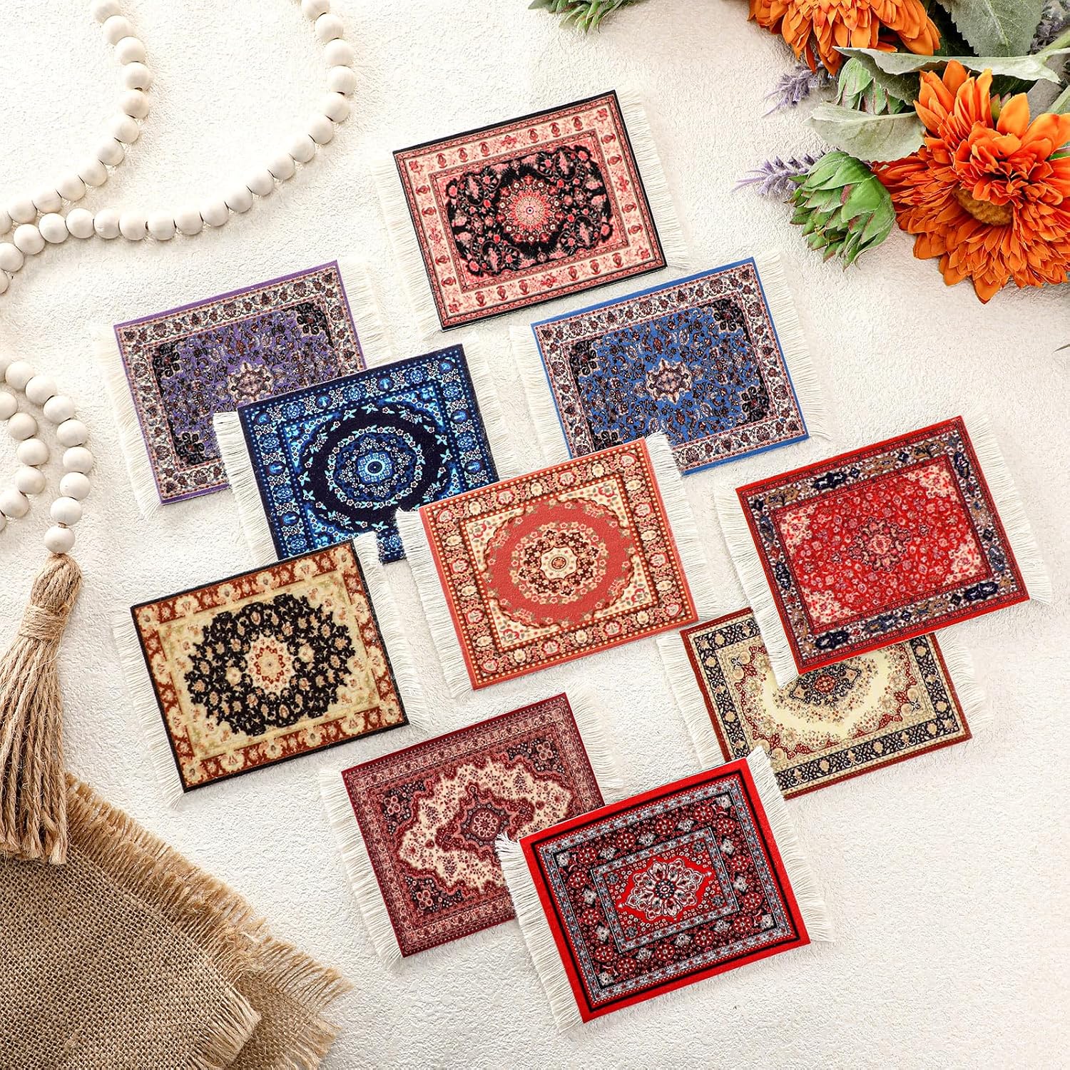 Ashenby 10 Pcs Rug Coasters with Fringe, Non-Slip Backing, Stylish, 6.88 ounces